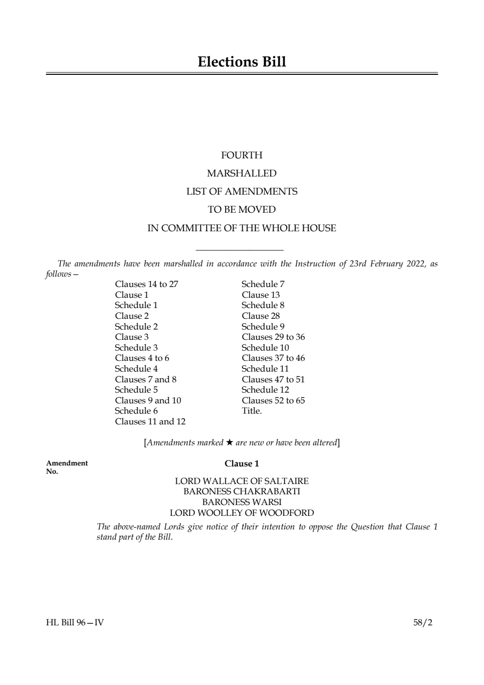 Elections Bill Fourth Marshalled List of Amendments to be moved in Committee of the Whole House