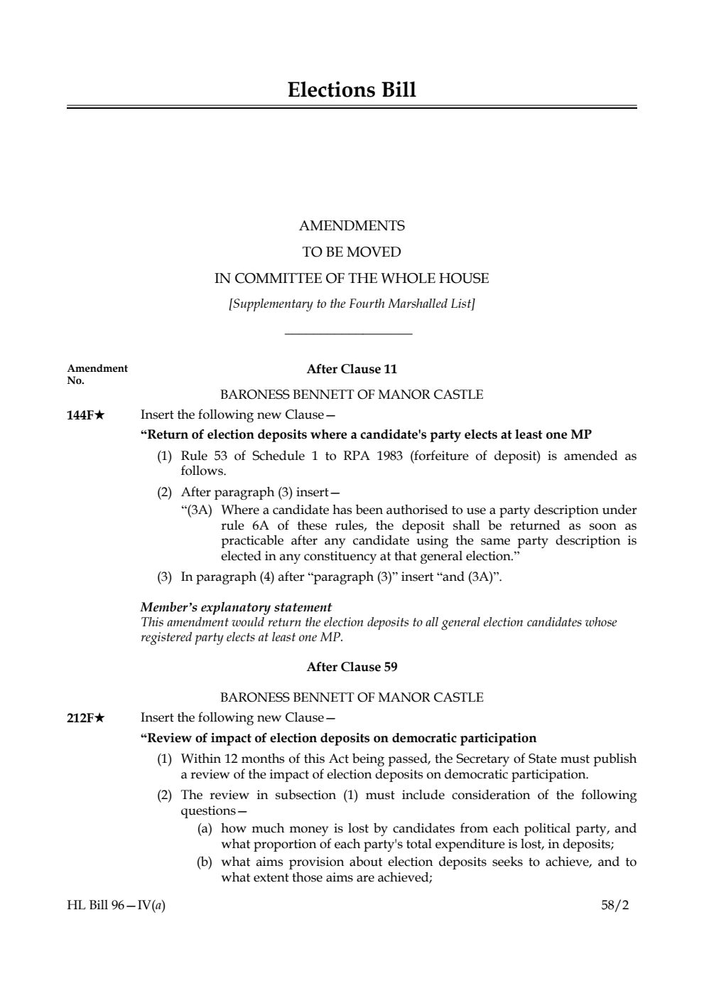 Elections Bill Amendments to be moved in Committee of the Whole House [Supplementary to the Fourth Marshalled List]