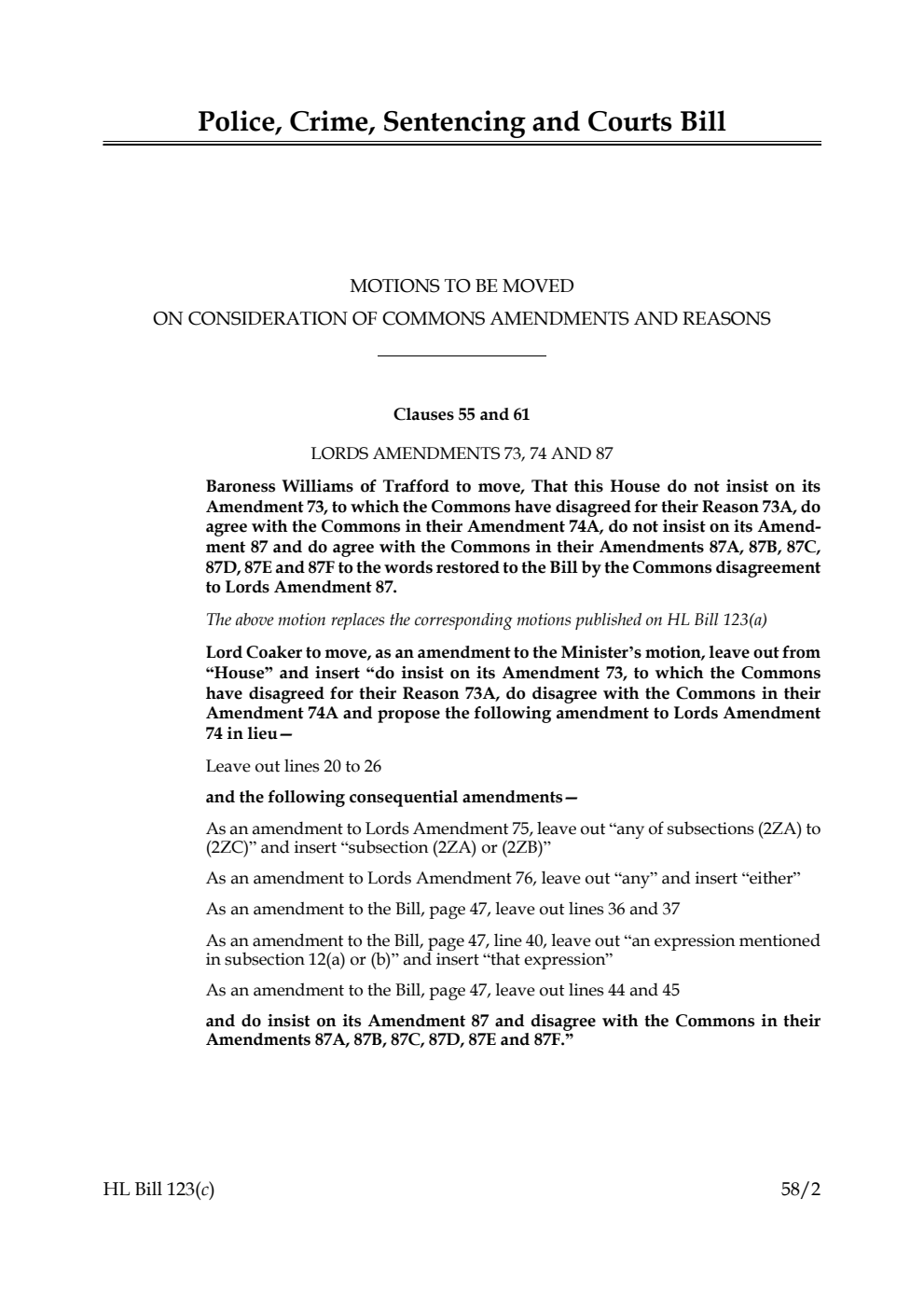 Police, Crime, Sentencing and Courts Bill Motions to be moved on Consideration of Commons Amendments and Reasons