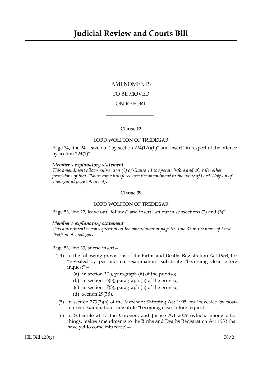 Judicial Review and Courts Bill Amendments to be Moved on Report