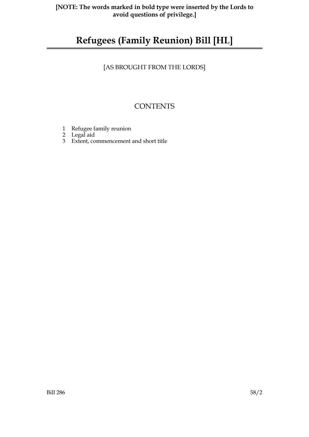 Refugees (Family Reunion) Bill [as brought from the Lords]