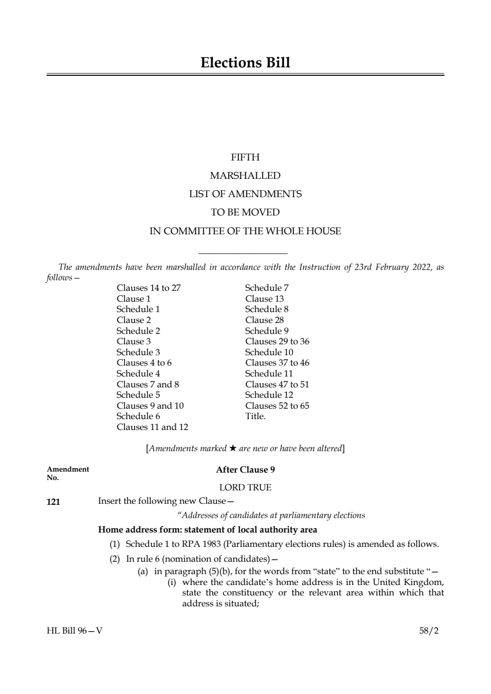 Elections Bill Fifth Marshalled List of Amendments to be moved in Committee of the Whole House
