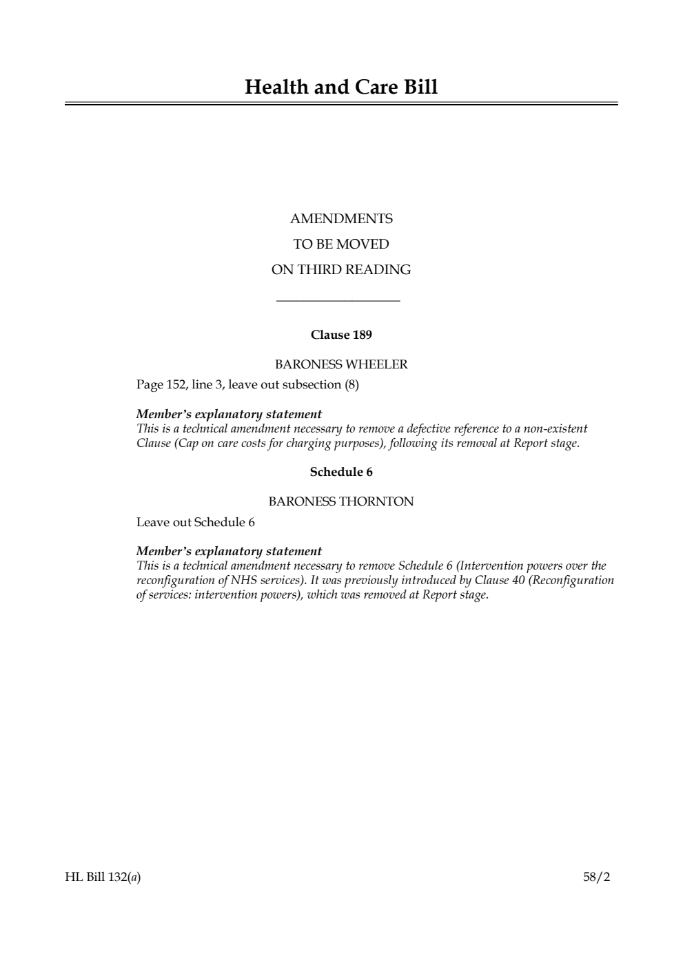 Health and Care Bill Amendments to be moved on third reading