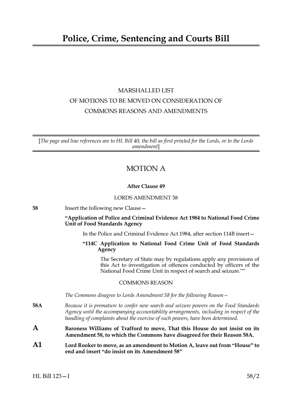 Police, Crime, Sentencing and Courts Bill Marshalled List of motions to be moved on Consideration of Commons reasons and amendments