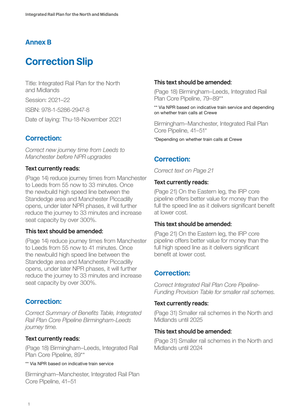 Integrated Rail Plan for the North and Midlands. Correction Slip, March 2022