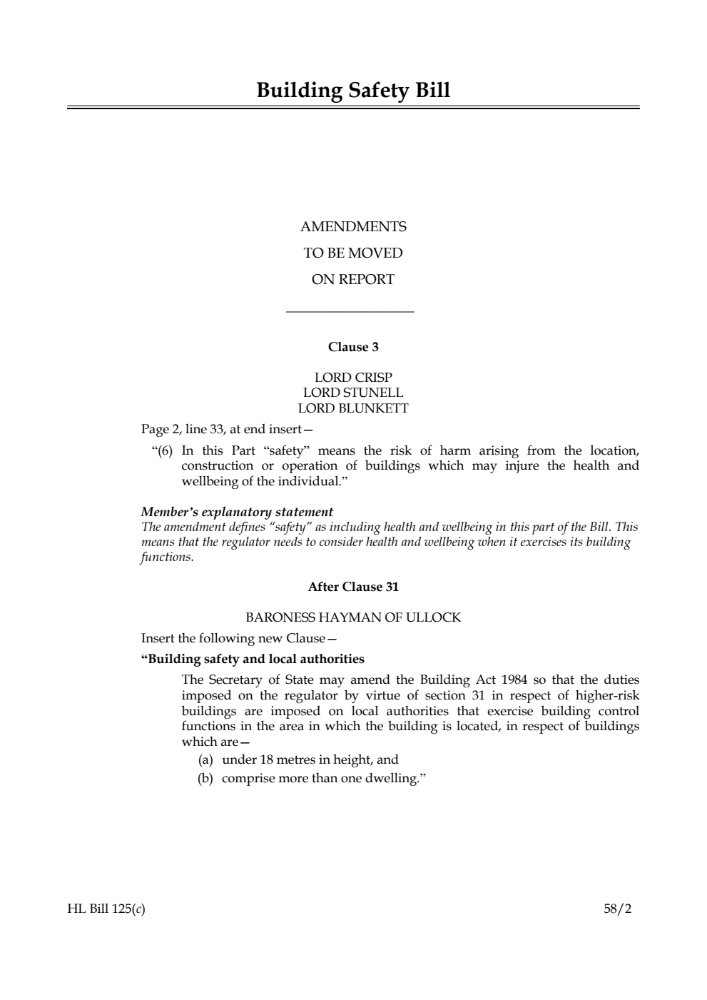 Building Safety Bill Amendments to be moved on Report