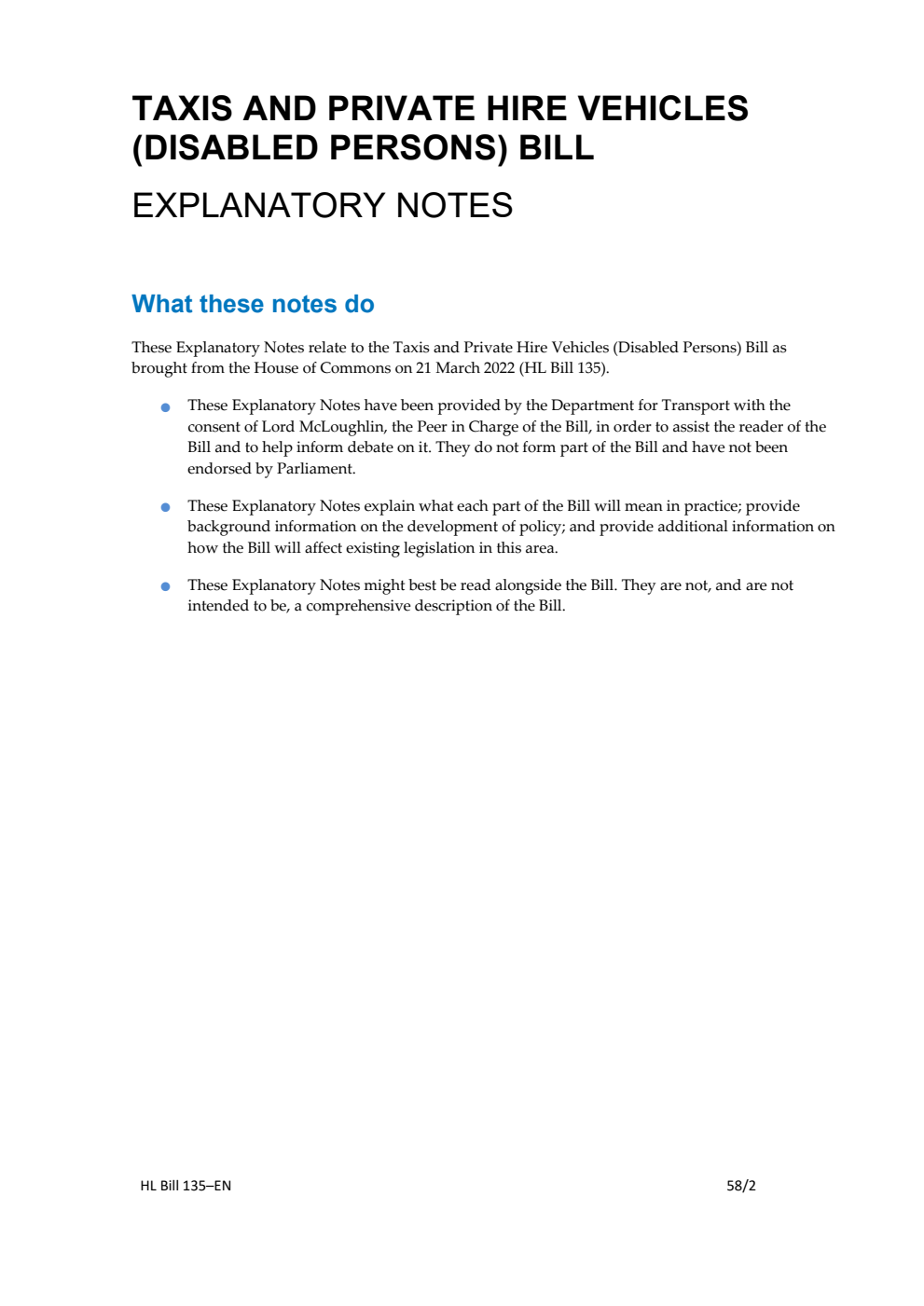 Taxis and Private Hire Vehicles (Disabled Persons) Bill Explanatory Notes