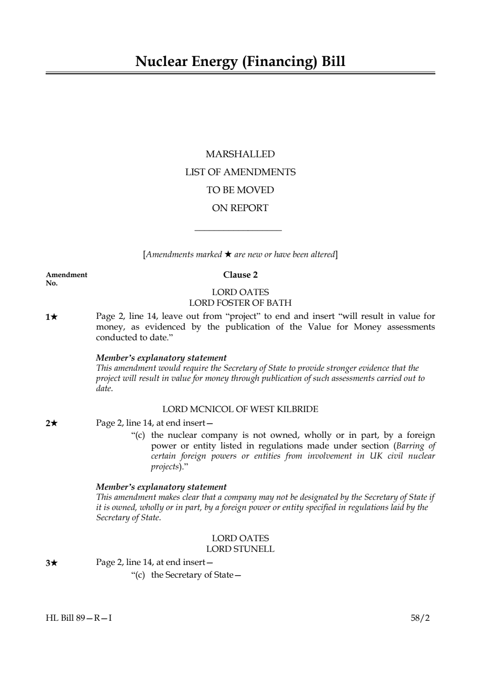 Nuclear Energy (Financing) Bill Marshalled List of Amendments to be moved on report