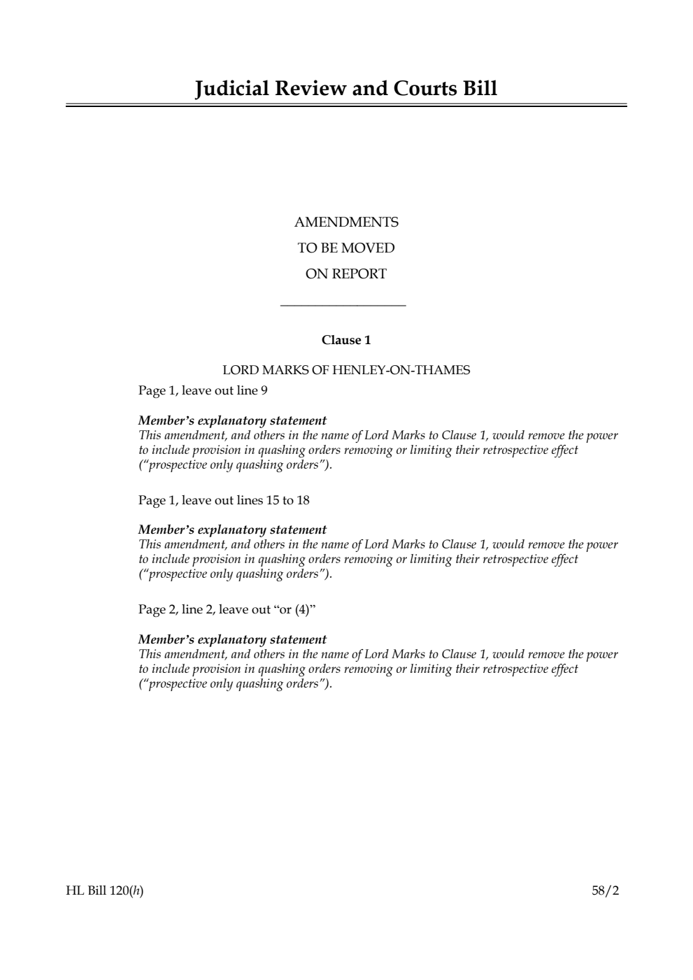 Judicial Review and Courts Bill Amendments to be Moved on Report