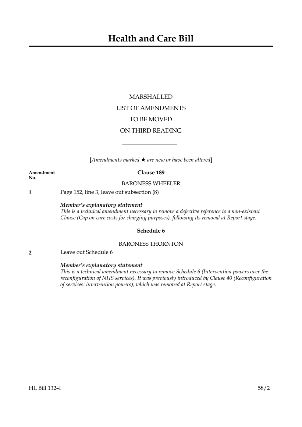 Health and Care Bill Marshalled List of amendments to be moved on third reading