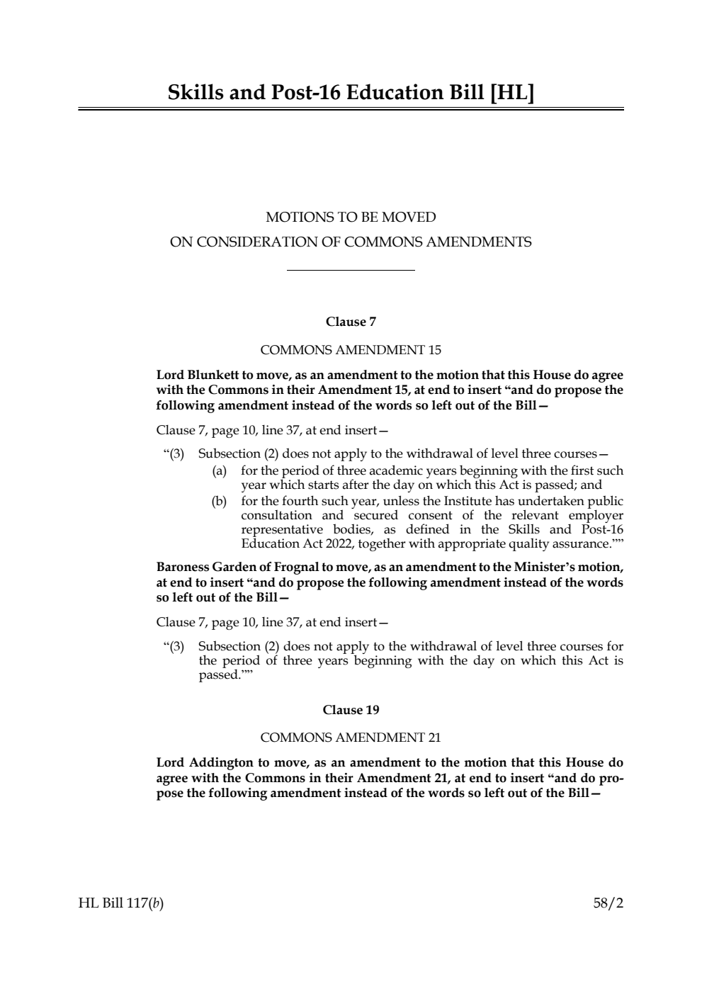 Skills and Post-16 Education Bill Motions to be moved on Consideration of Commons Amendments