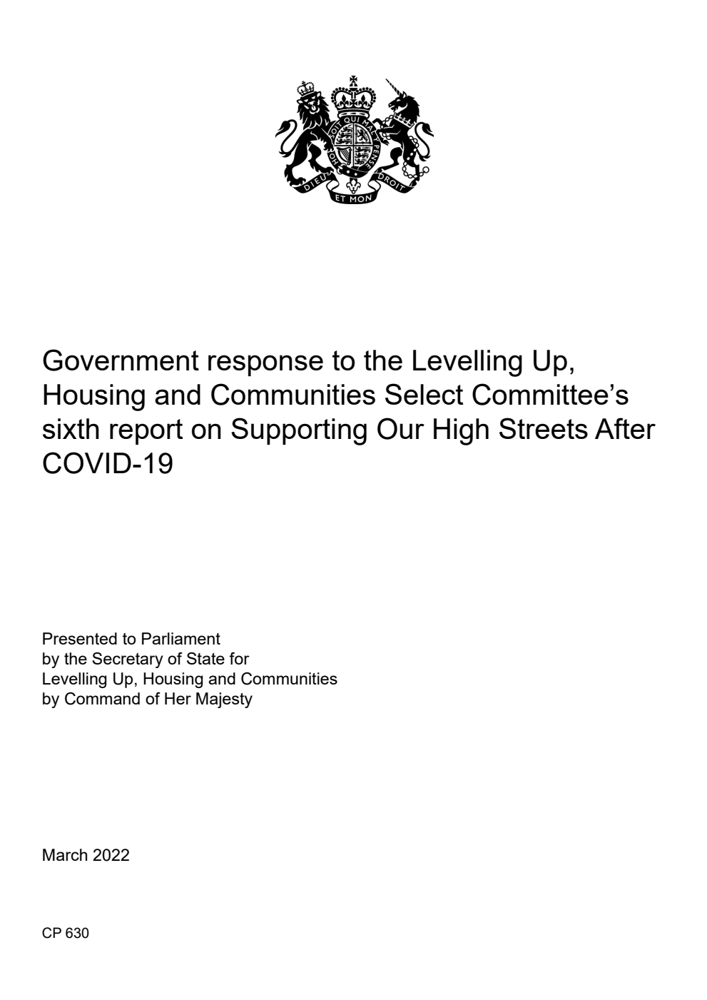 Government response to the Levelling Up, Housing and Communities Select Committee’s sixth report on Supporting Our High Streets After COVID-19