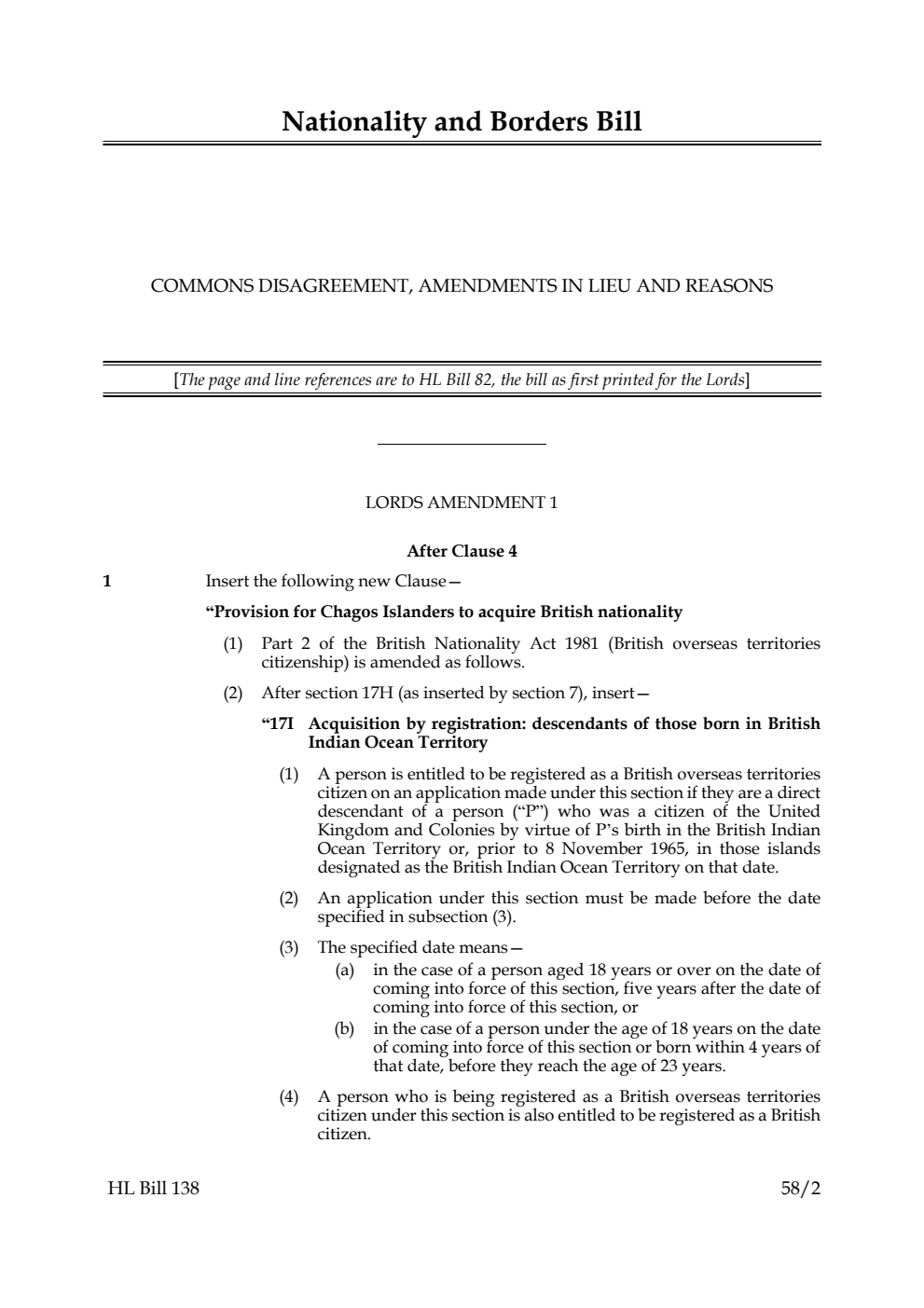Nationality and Borders Bill Commons disagreement, amendments in lieu and reasons