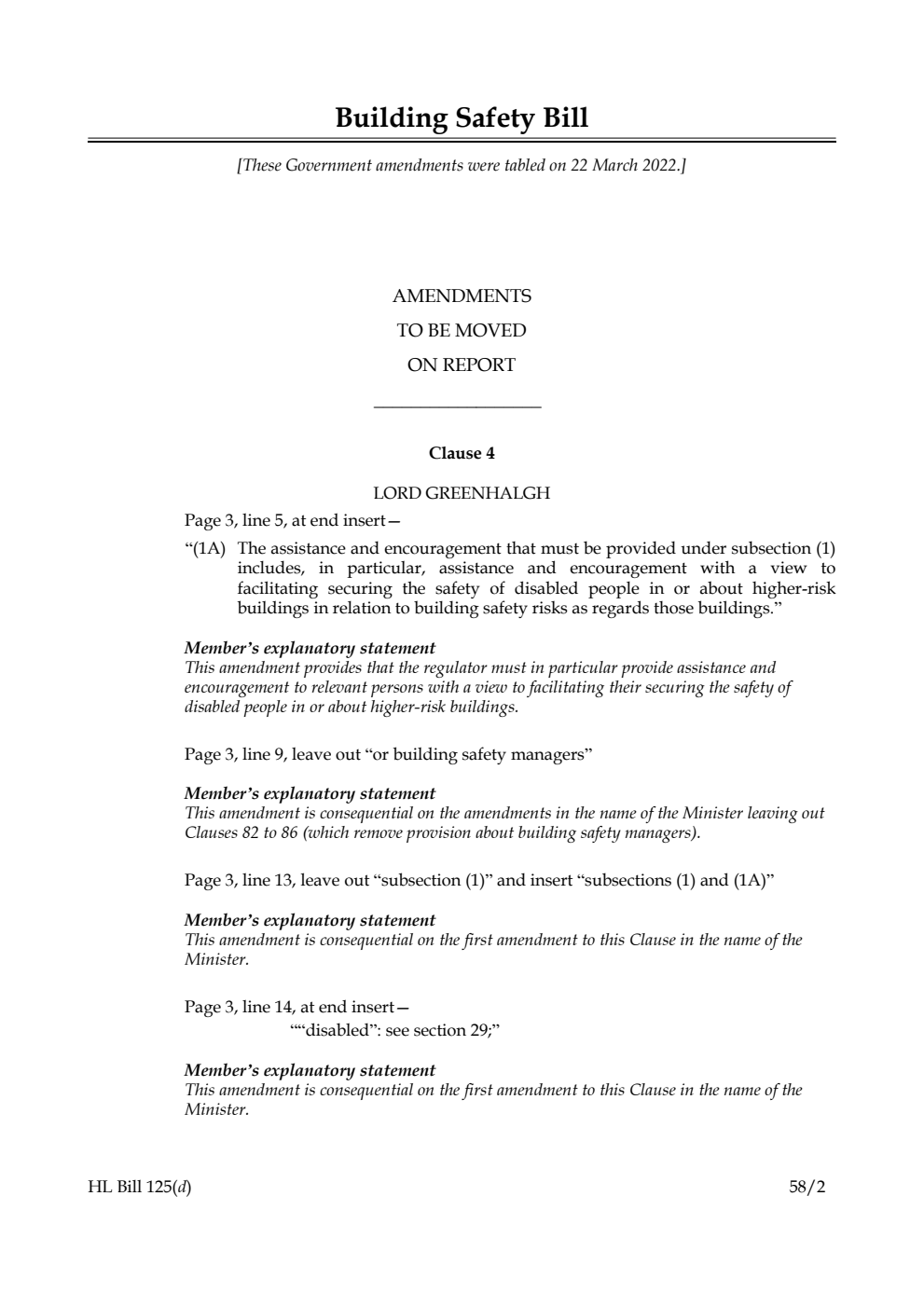 Building Safety Bill Amendments to be moved on Report