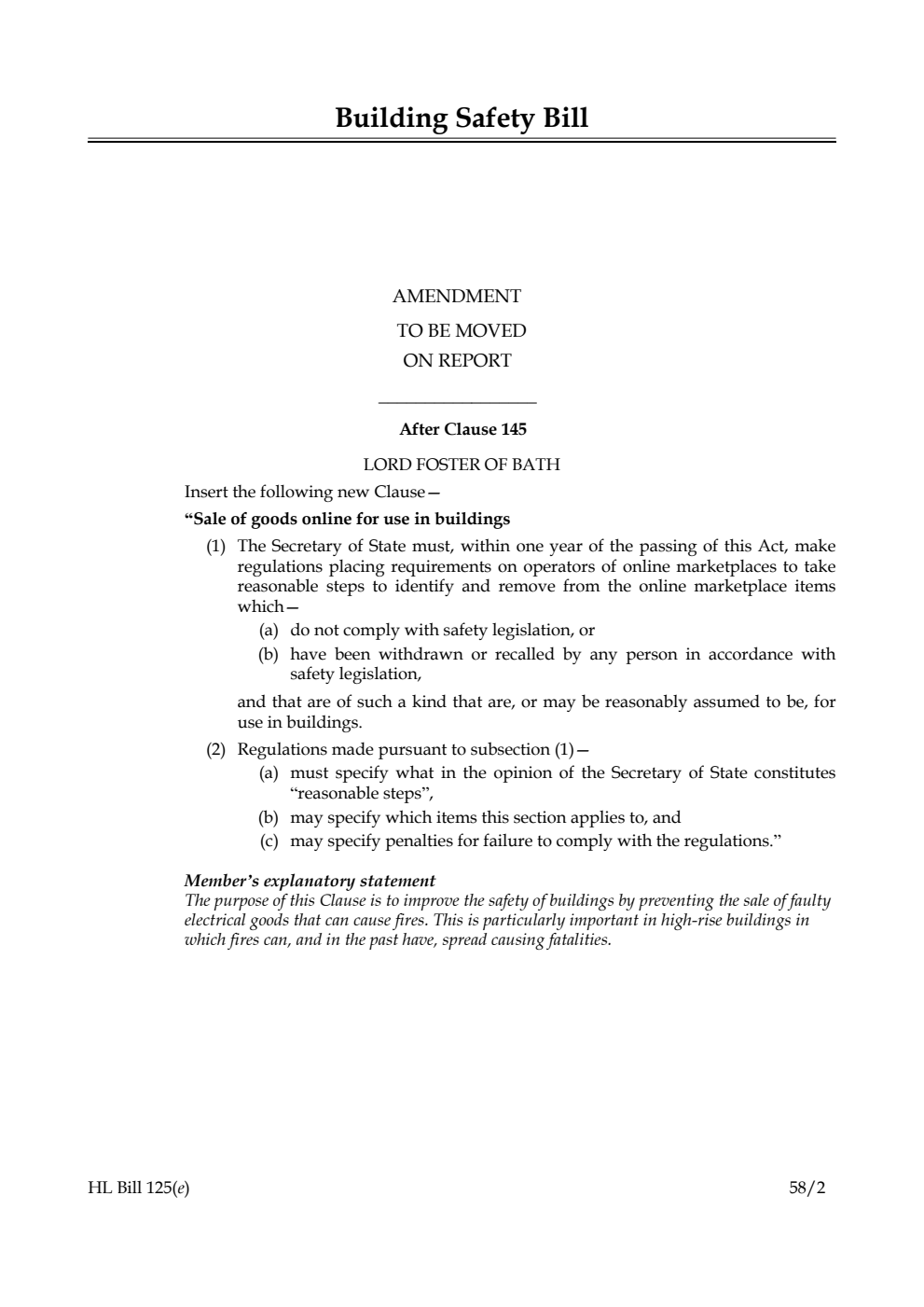 Building Safety Bill Amendment to be moved on Report