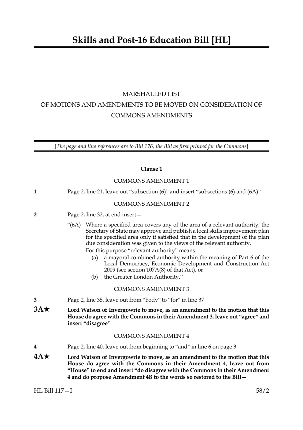 Skills and Post-16 Education Bill Marshalled List of motions and amendments to be moved on Consideration of Commons amendments