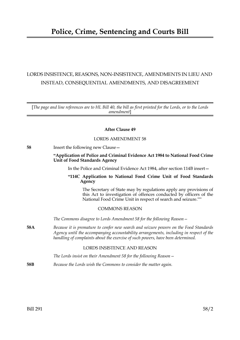 Police, Crime, Sentencing and Courts Bill Lords insistence, reasons, non-insistence, amendments in lieu and instead, consequential amendments, and disagreement