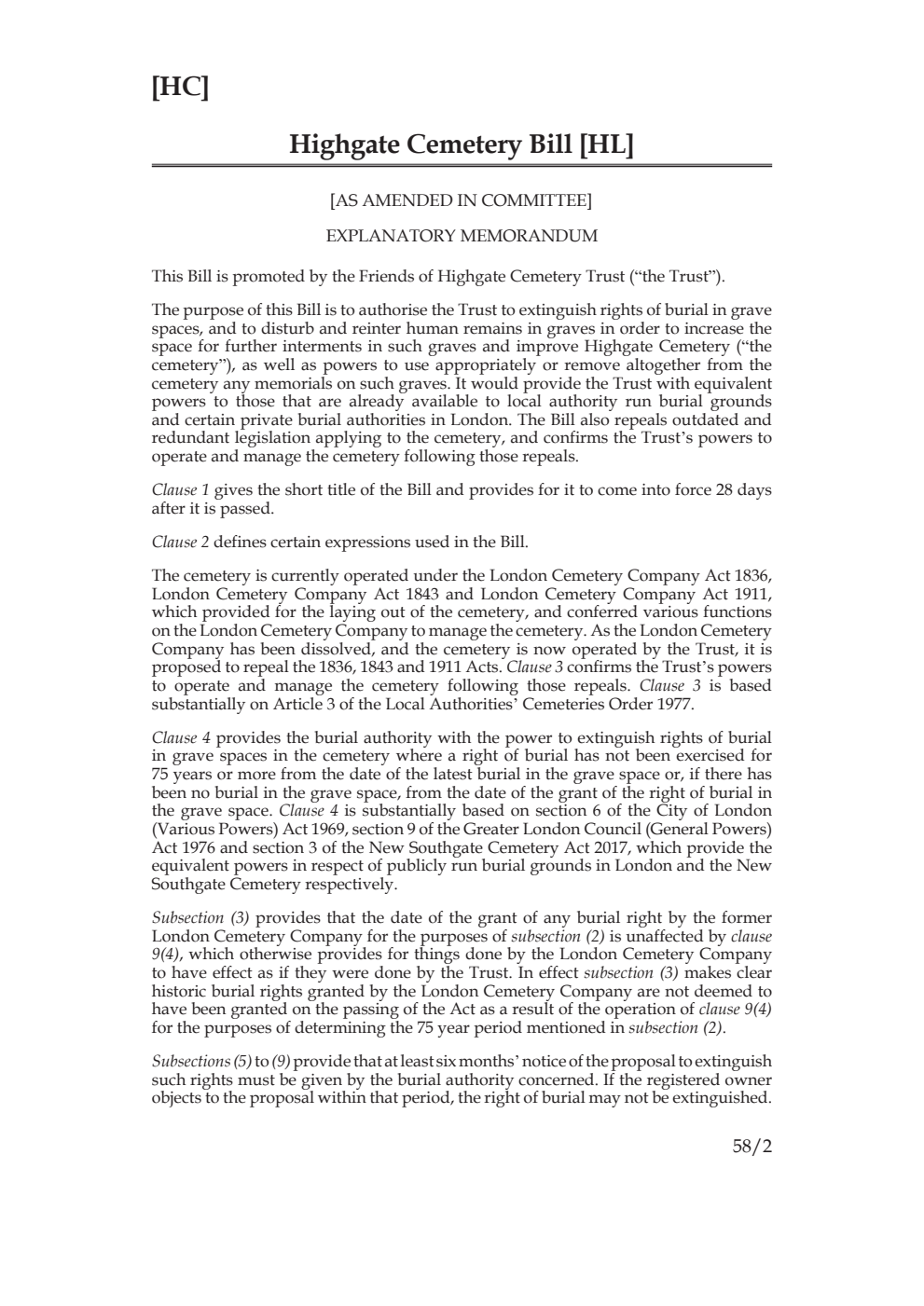 Highgate Cemetery Bill [as amended in Committee]