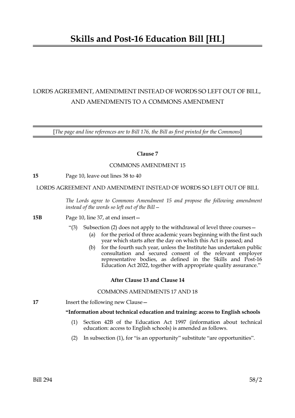 Skills and Post-16 Education Bill Lords agreement, amendment instead of words so left out of Bill, and amendments to a Commons amendment