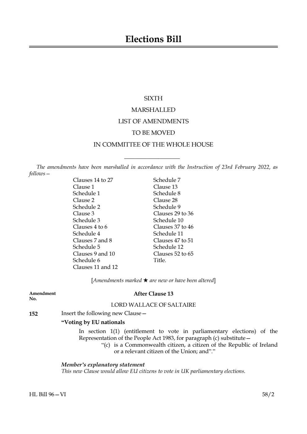 Elections Bill Sixth Marshalled List of Amendments to be moved in Committee of the Whole House