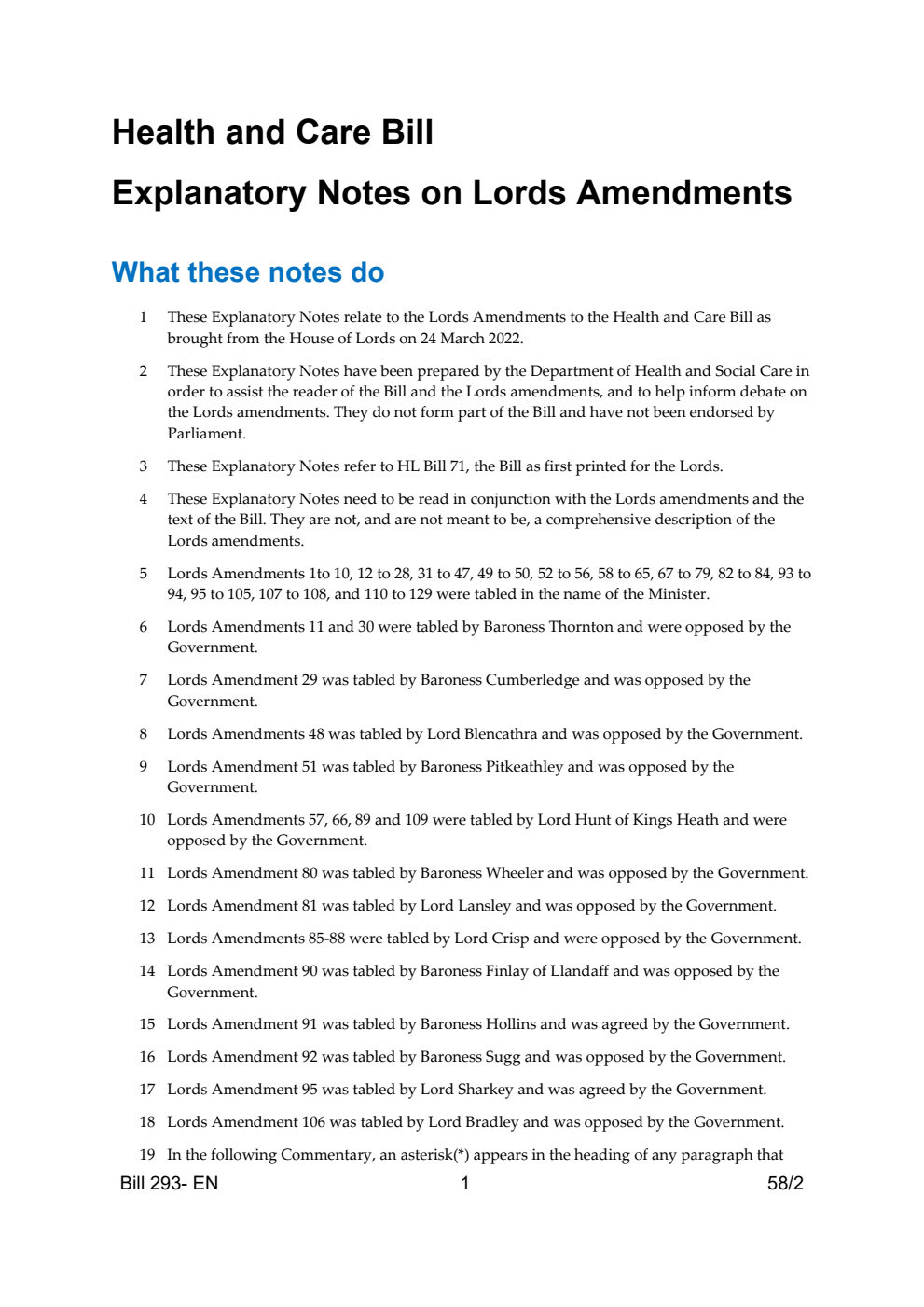 Health and Care Bill Explanatory Notes on Lords Amendments