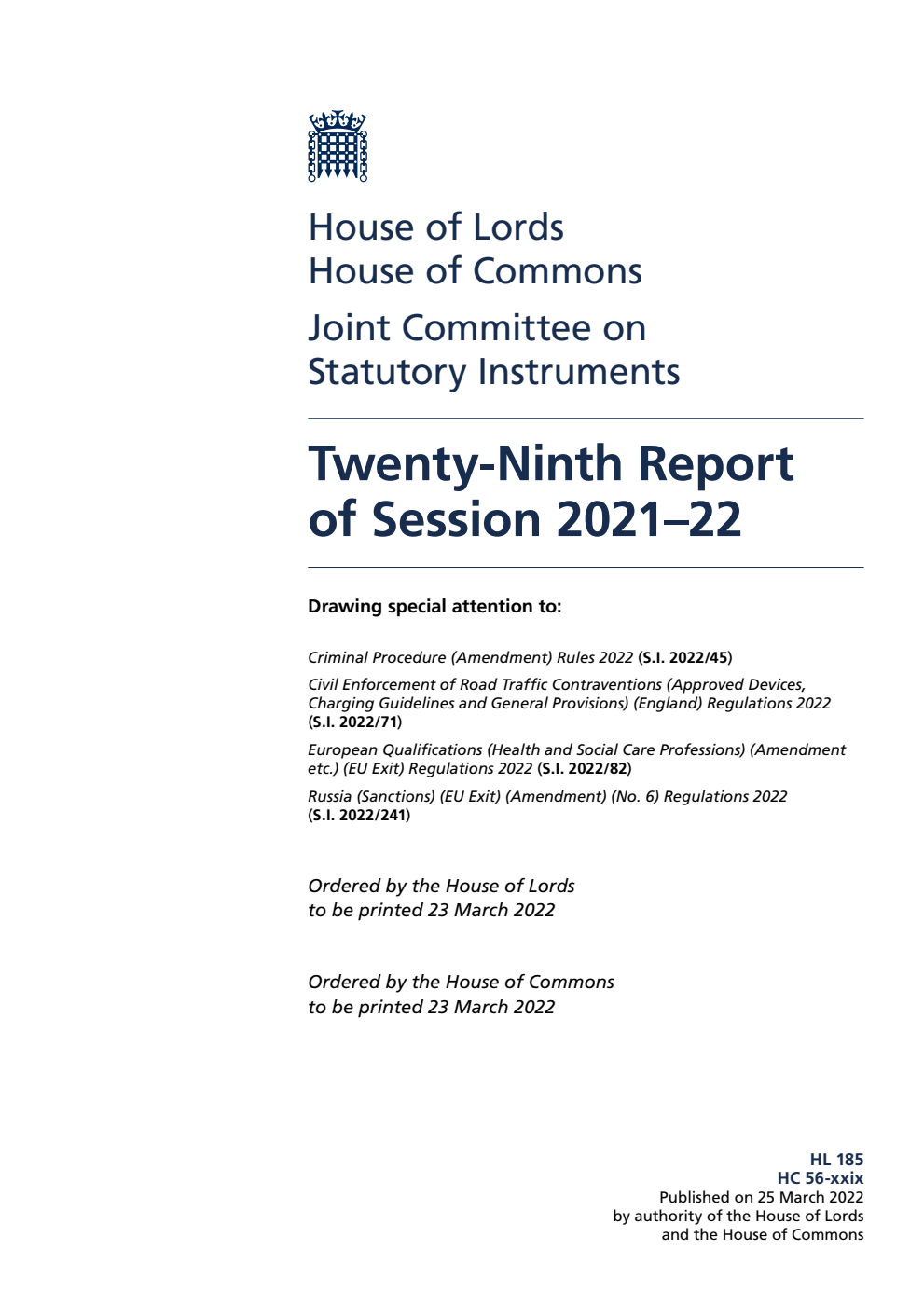 Joint Committee on Statutory Instruments 29th Report of Session 2021-22