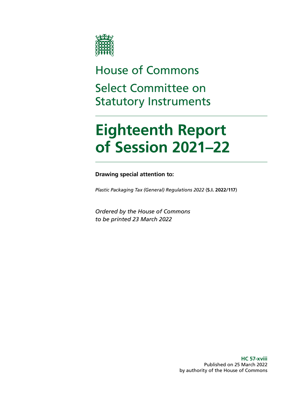 Statutory Instruments Committee 18th Report of Session 2021-22