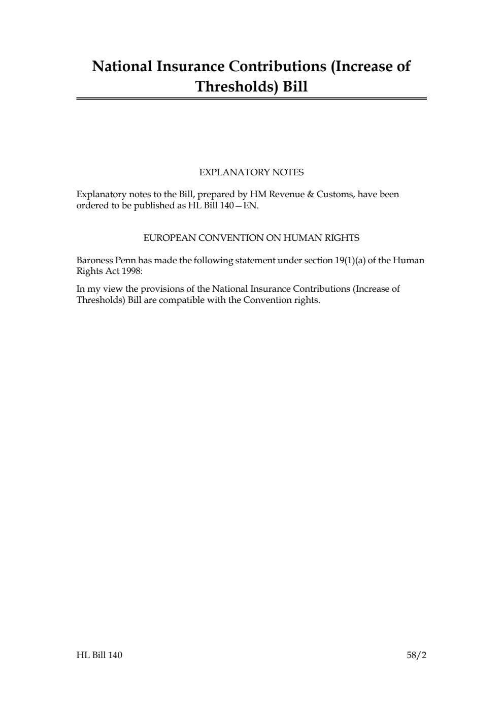 National Insurance Contributions (Increase of Thresholds) Bill