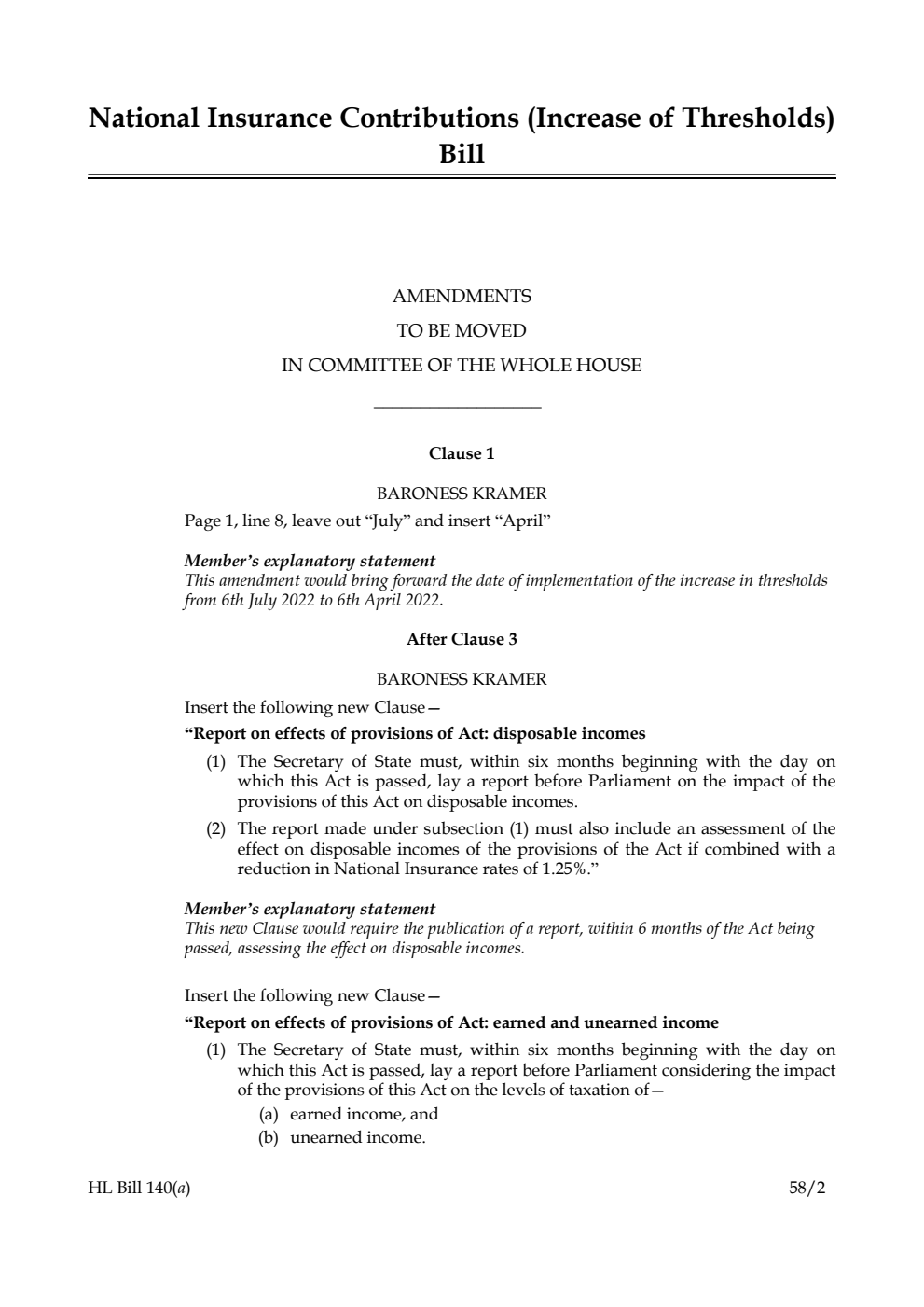 National Insurance Contributions (Increase of Thresholds) Bill Amendments to be moved in Committee of the Whole House
