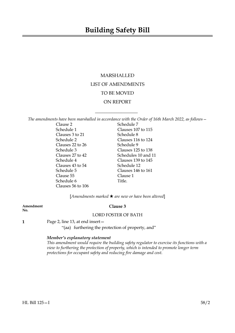 Building Safety Bill Marshalled List of Amendments to be moved on report