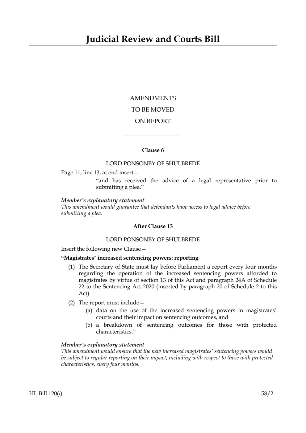 Judicial Review and Courts Bill Amendments to be moved on report