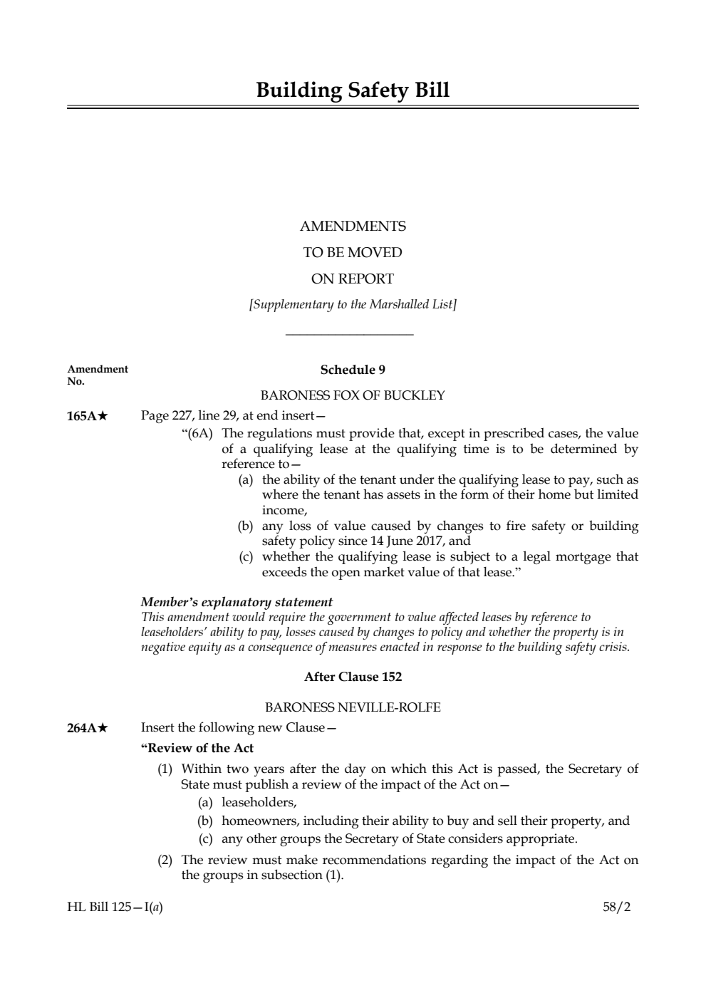 Building Safety Bill Amendments to be moved on report.  [Supplementary to the Marshalled List]