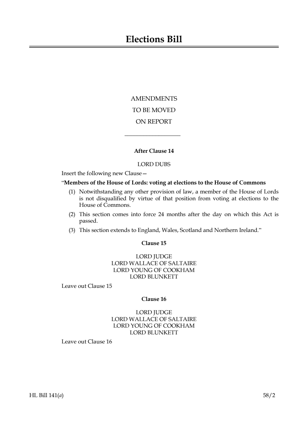 Elections Bill Amendments to be moved on report