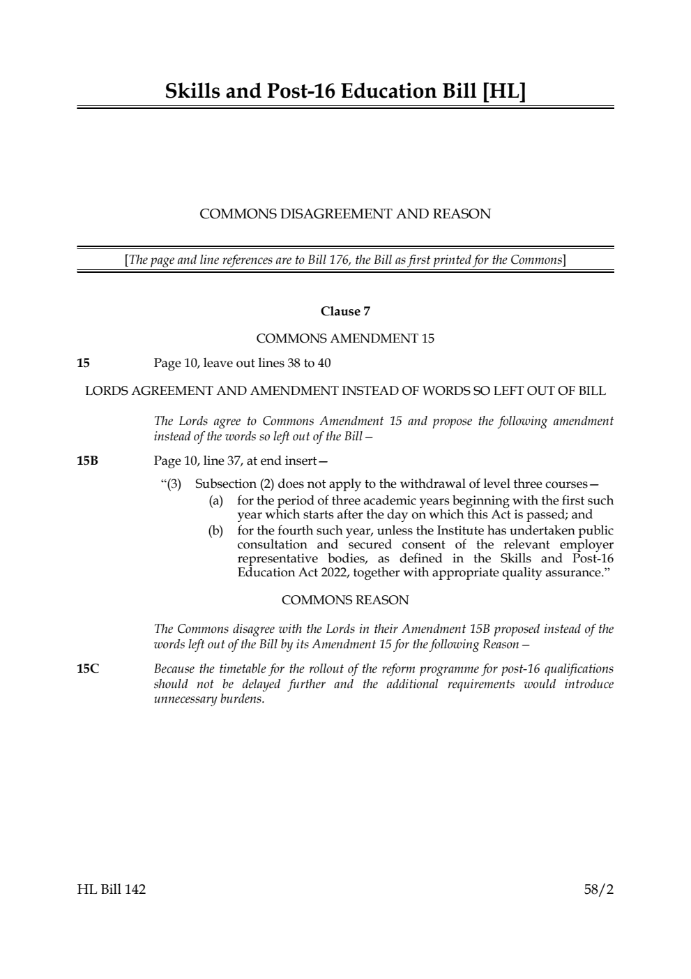 Skills and Post-16 Education Bill Commons disagreement and reasons