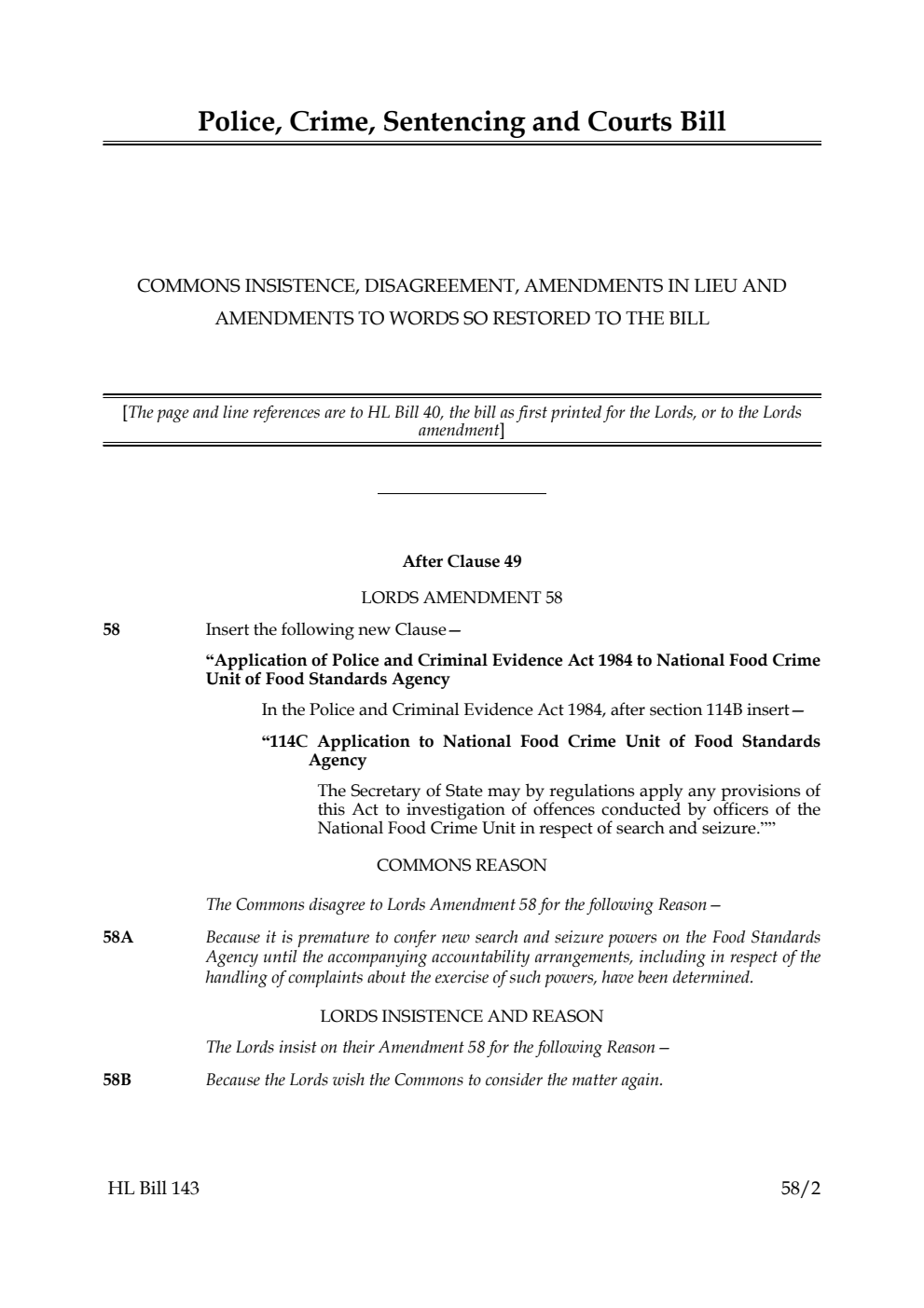 Police, Crime, Sentencing and Courts Bill Commons insistence, disagreement, amendments in lieu and amendments to words so restored to the Bill