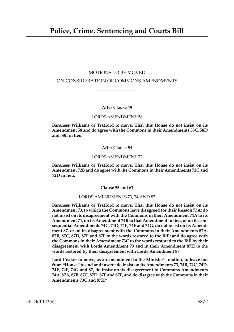 Police, Crime, Sentencing and Courts Bill Motions to be moved on consideration of Commons amendments
