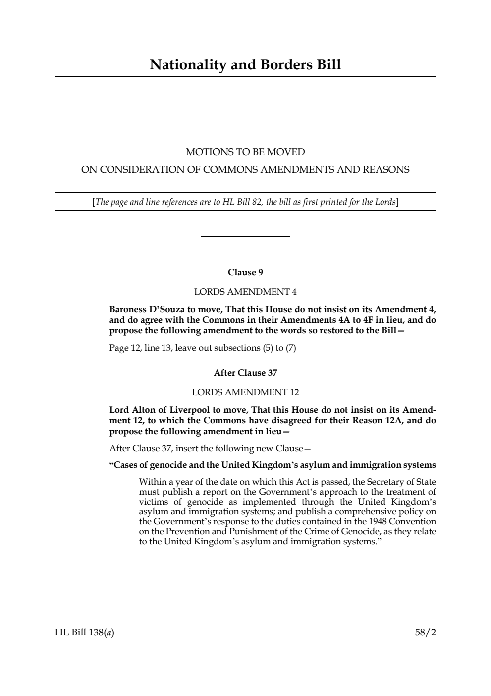 Nationality and Borders Bill Motions to be moved on Consideration of Commons Amendments and Reasons