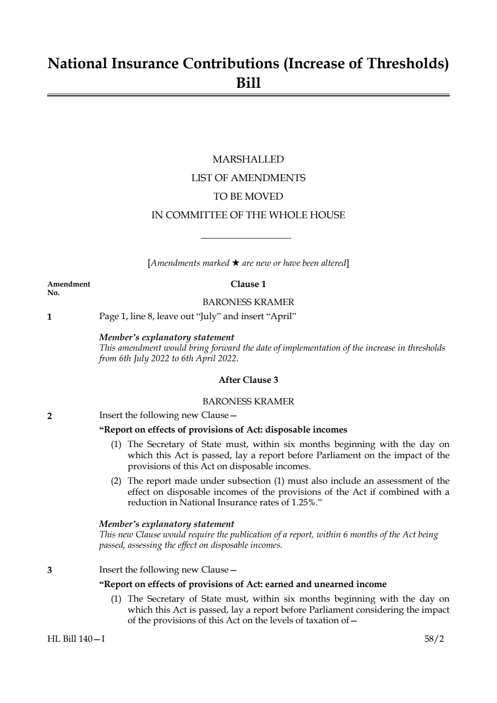 National Insurance Contributions (Increase of Thresholds) Bill Marshalled List of Amendments to be moved in Committee of the Whole House
