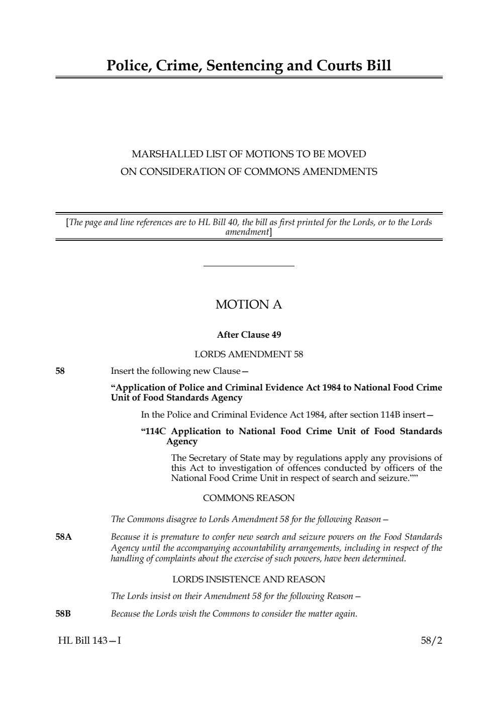 Police, Crime, Sentencing and Courts Bill Marshalled List of motions to be moved on consideration of Commons amendments