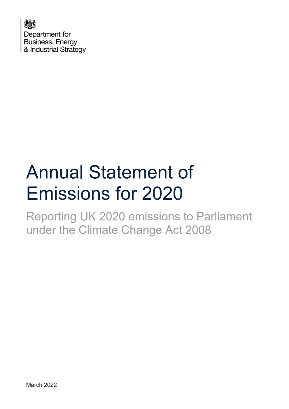 Annual Statement of Emissions for 2020. Reporting UK 2020 emissions to Parliament under the Climate Change Act 2008