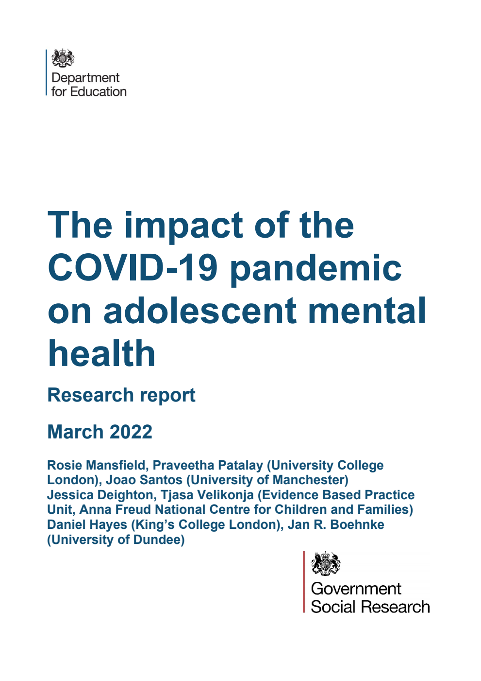 DFE-RR1195 The impact of the COVID-19 pandemic on adolescent mental health. Research report. March 2022