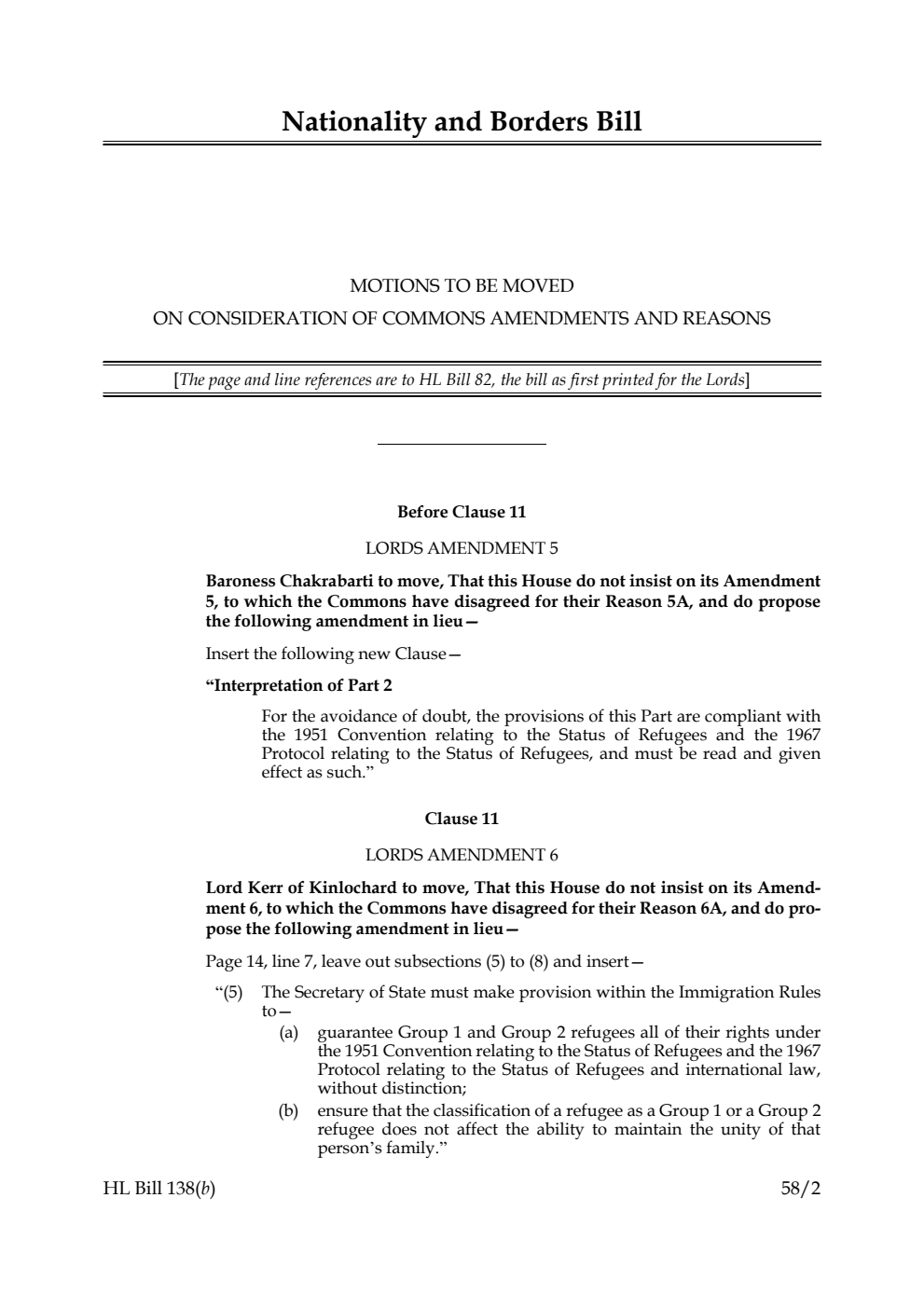 Nationality and Borders Bill Motions to be moved on Consideration of Commons Amendments and Reasons