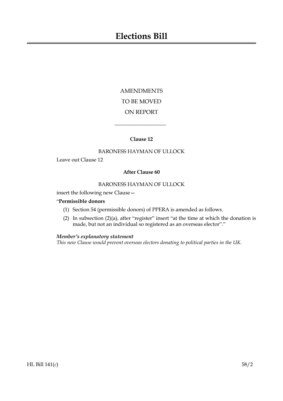 Elections Bill Amendments to be moved on report