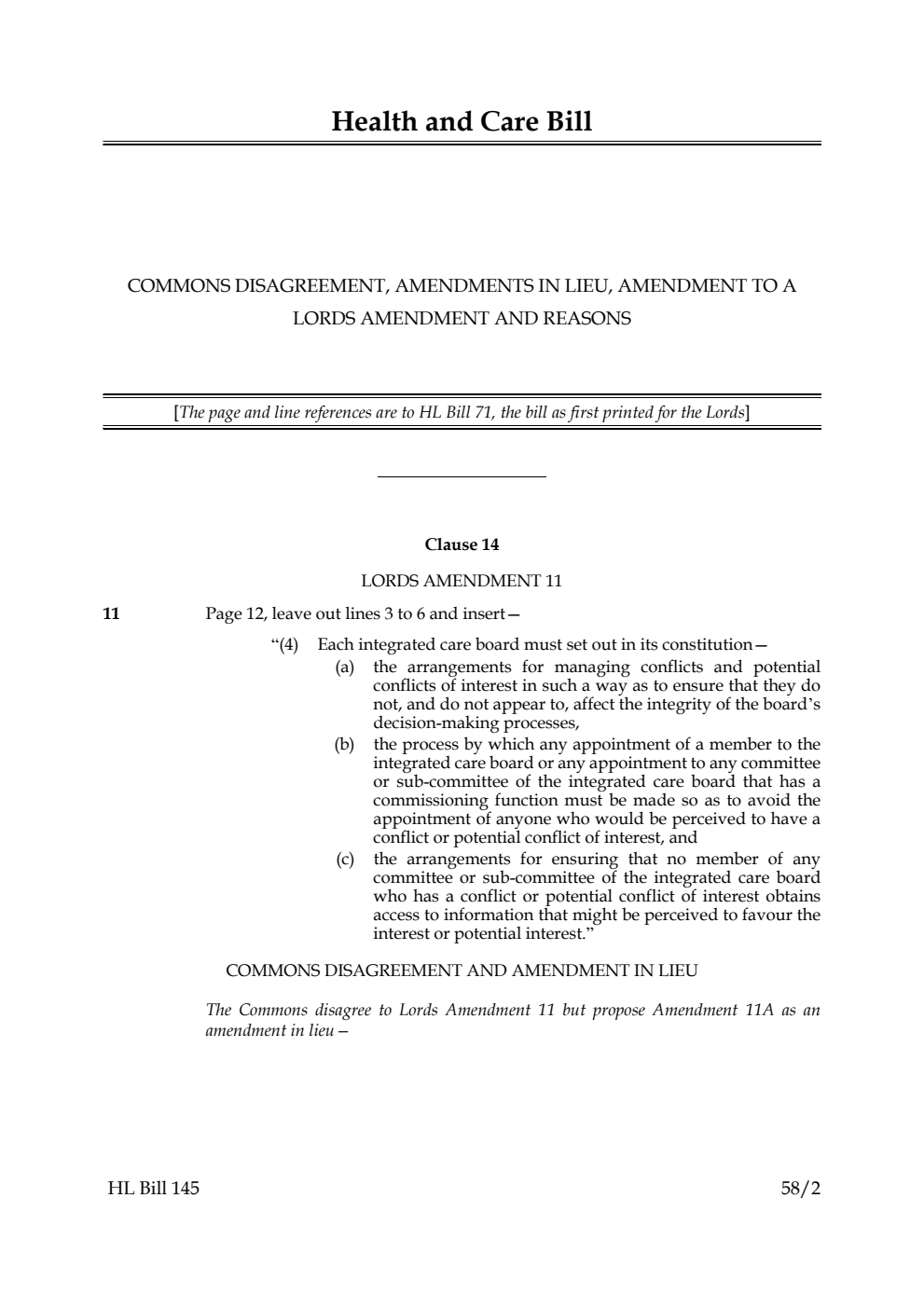 Health and Care Bill Commons Disagreement, Amendments in Lieu, Amendment to a Lords Amendment and Reasons