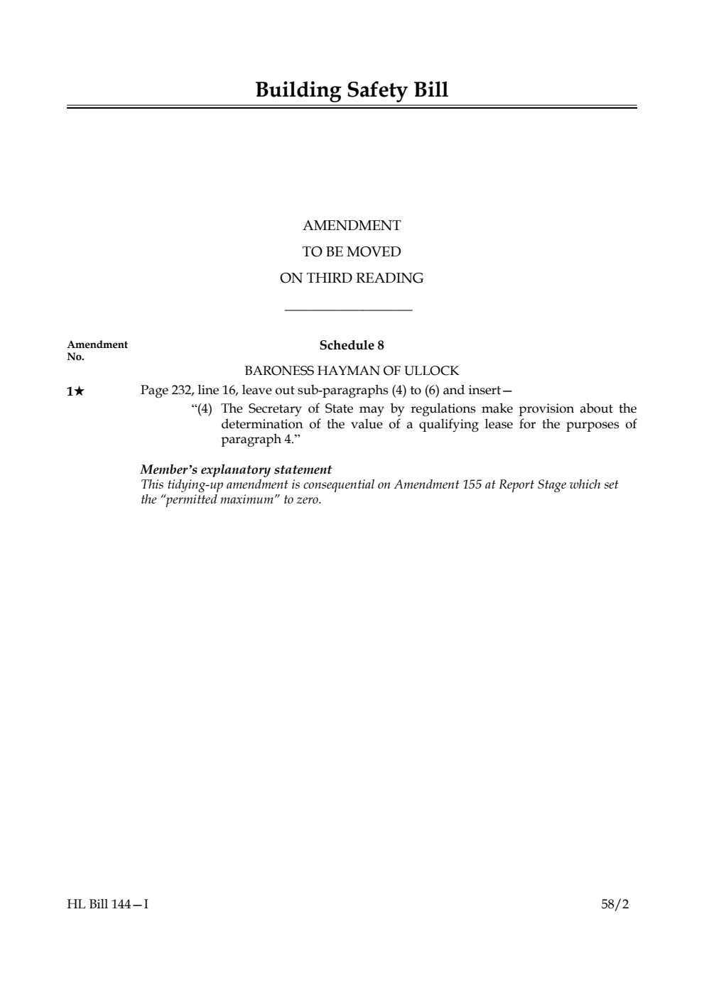 Building Safety Bill Amendment to be moved on third reading