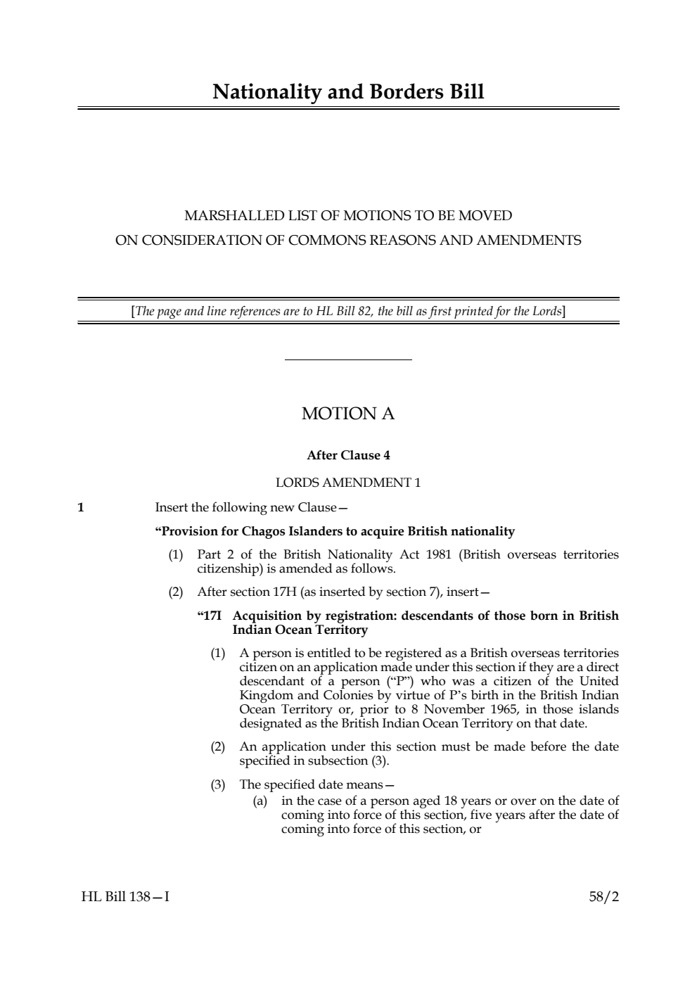 Nationality and Borders Bill Marshalled List of motions to be moved on Consideration of Commons reasons and amendments