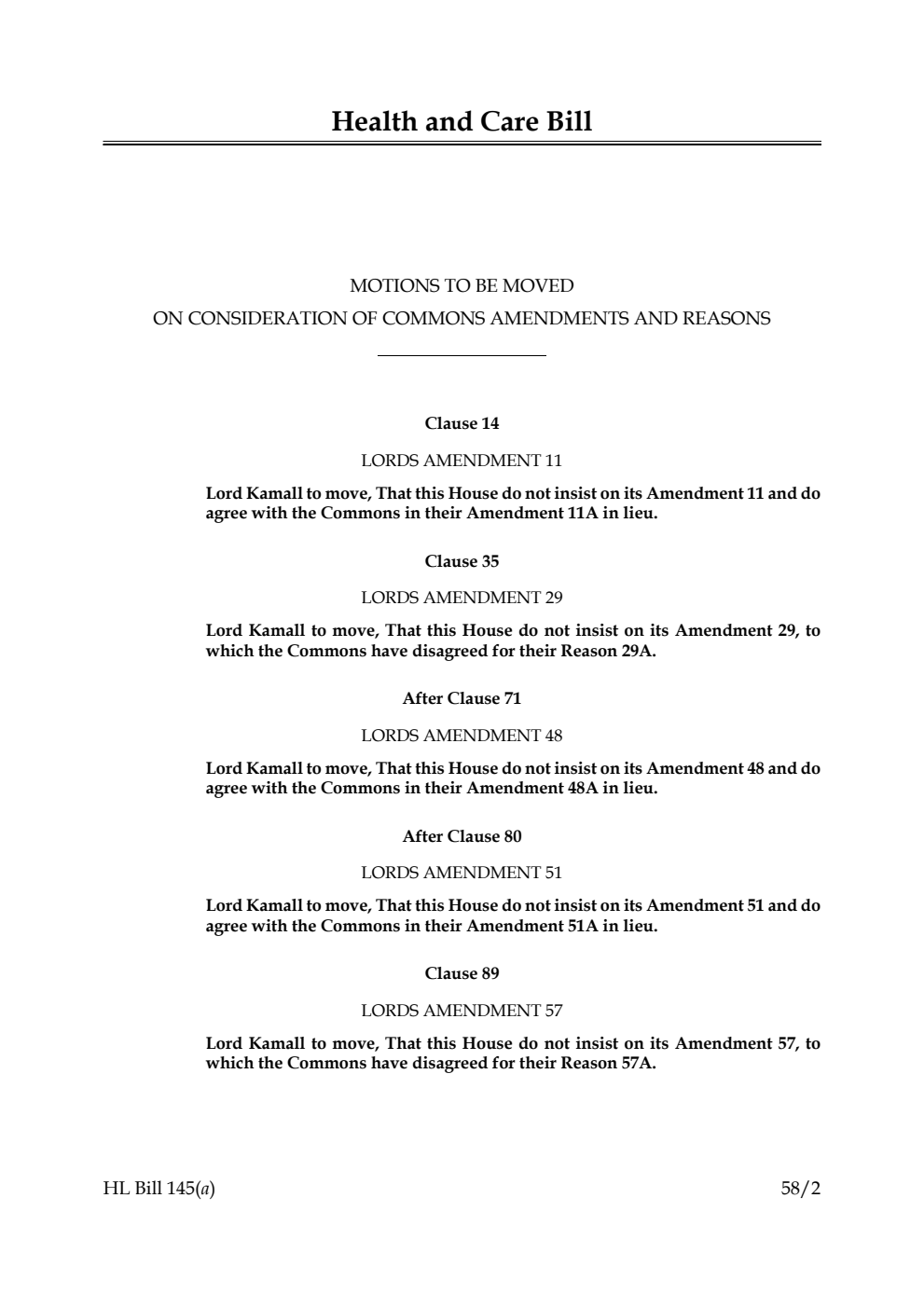 Health and Care Bill Motions to be moved on Consideration of Commons Amendments and Reasons