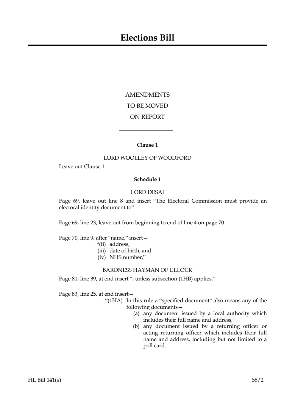 Elections Bill Amendments to be moved on report