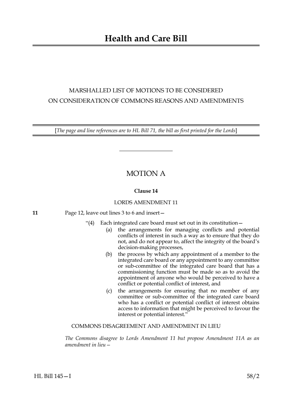 Health and Care Bill Marshalled List of motions to be considered on Consideration of Commons Reasons and Amendments