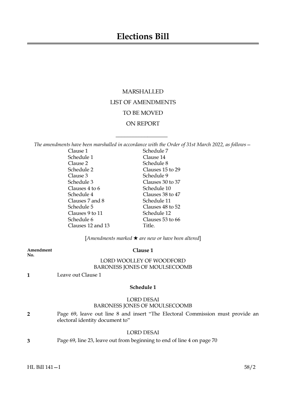 Elections Bill Marshalled List of Amendments to be moved on report